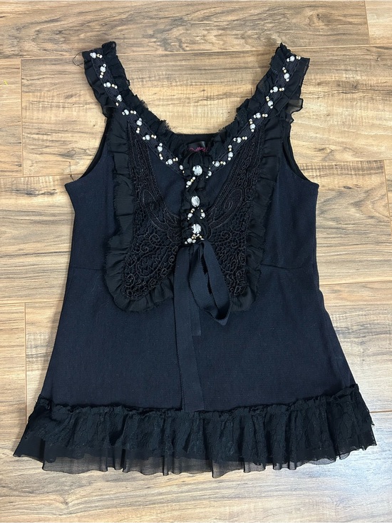 Pretty Angel Tops - Y2K Pretty Angel Black Embellished Ruffle Tank Top